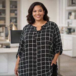 Cato Plus Size Tunic Black White Polka Dot Grid V Neck HI-Low 3/4 Sleeve 26/28W